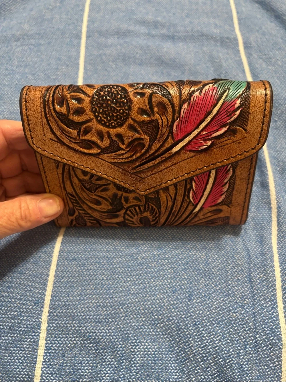 Hand-Tooled Floral Leather Wallet with Pink Accent